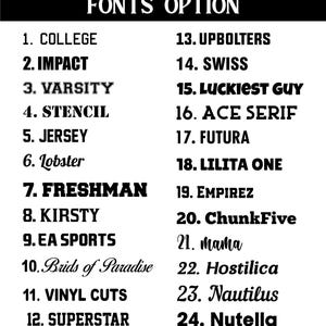 May include: A black and white graphic listing 24 font options. The text includes font names such as "College", "Impact", "Varsity", "Stencil", "Jersey", "Lobster", "Freshman", "Kirsty", "EA Sports", and "Brids of Paradise".