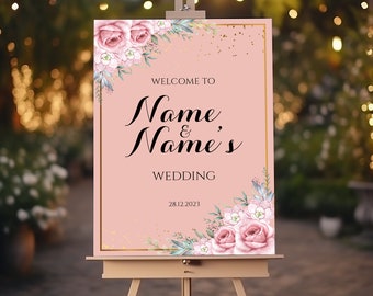 PINK Floral Personalised Wedding Welcome Sign, Wedding Sign, Wedding Decor, Welcome Wedding Poster, Large Welcome Sign, Printed Sign