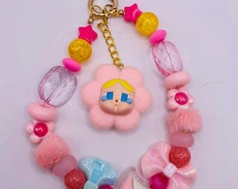 Pink crying girl beaded keychain/phone cham accessory