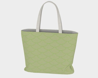 Green and Pink Scales Large Cotton Canvas Tote - printed lightweight fabric carryall bag - Free Shipping w/in USA