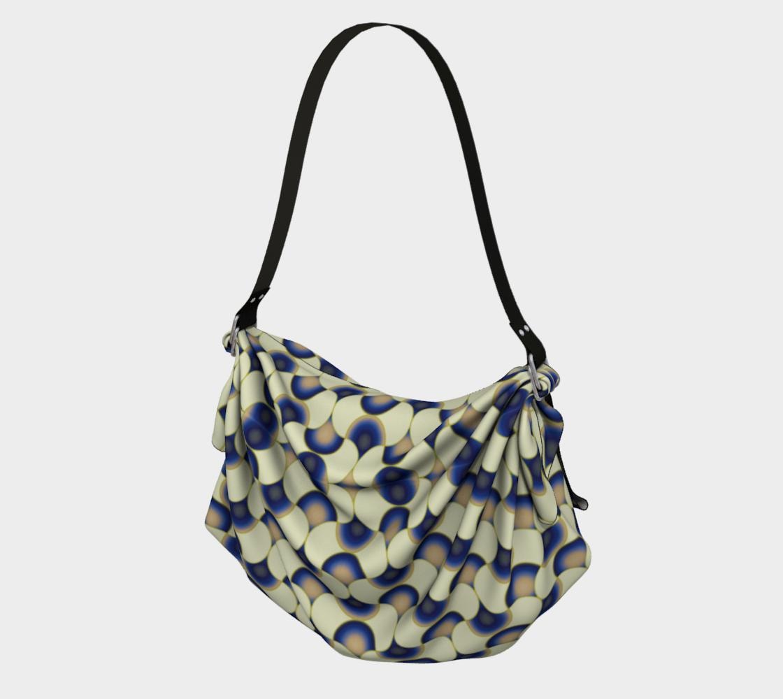 Cobalt and Cream Semi Circle Scarf Tote. Printed fabric foldable into origami-style carryall bag with included strap
