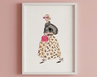Chic Watercolor Leopard Print Fashion Illustration, Stylish Woman Poster, Glam Decor