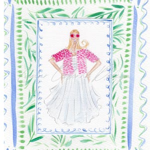 Preppy Girl Original Watercolor Fashion Illustration- Bright Blue & Green Print Background