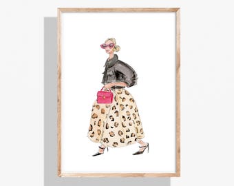 Chic Watercolor Leopard Print Fashion Illustration, Stylish Woman Poster, Glam Decor