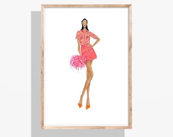 Pink Outfit Of The Day Fashion Illustration Print (Fashion Drawing, Wall Art, Decor)