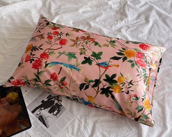 Cotswold Garden Silk Pillowcase & Silk Eyemask Set for Vintage Bedroom Housewarming Gift of Luxury Silk Bedding for Her