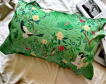 Taie d'oreiller en soie pure à  faite à la main:Taie d'oreiller verte à motif de grue orientale-Taie d'oreiller florale vintage