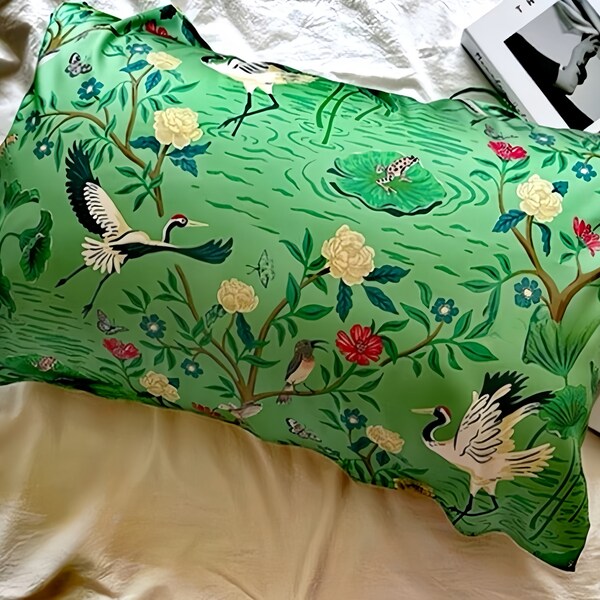 Oriental Crane Silk Pillowcase of Pure Handmade Silk perfect for Vintage Home Floral Pillow for Luxury Silk Bedding Gift for Her