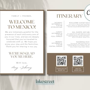 Tarjetas de itinerario de boda de destino para bolsas de bienvenida, mensaje de bienvenida con cronograma de eventos, mesa de cena moderna, minimalista y elegante