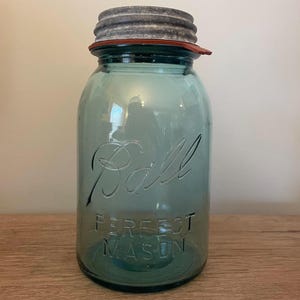 Antique 1920s Blue Ball Perfect Mason Jar, Quart Canning Mason Jar with Zinc Lid, Rustic Home Decor