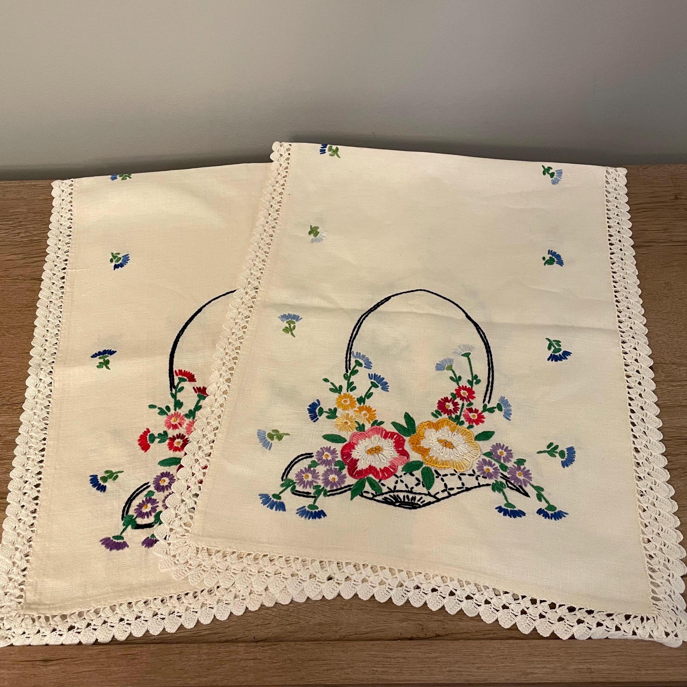 Set of 2 Matching Vintage Hand-Embroidered Floral Basket Table Runners
