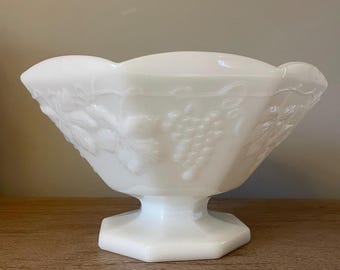 Vintage Anchor Hocking Milk Glass Harvest Grape Compote Pedestal Bowl
