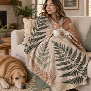 Nature-Inspired Plush Throw featuring Pressed Fern Artwork | Neutral Aesthetic