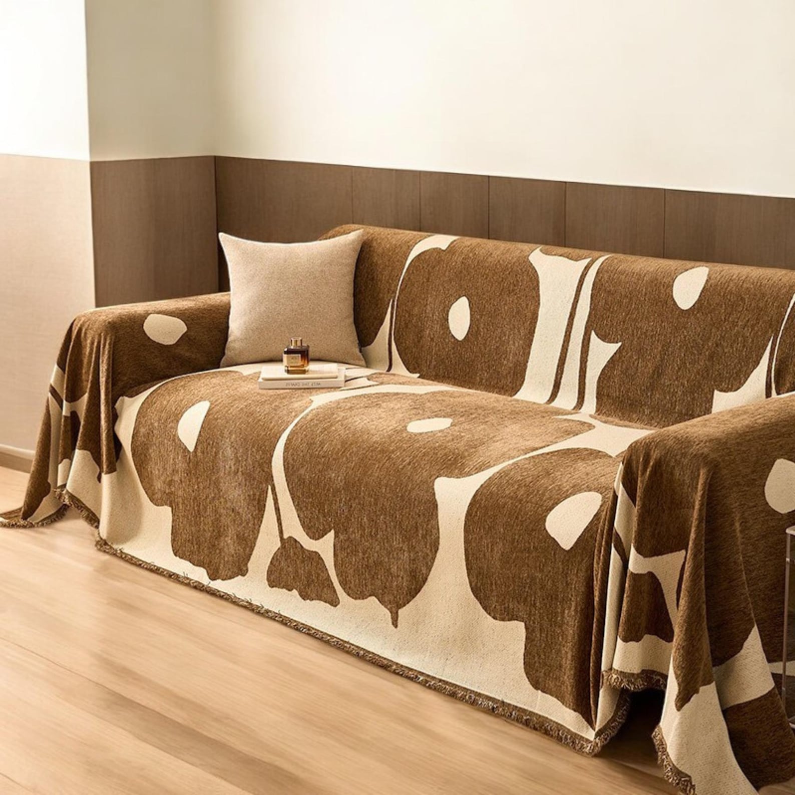 Solid Color Chenille Sofa Throw Blanket, Modern Decor Soft Couch Cover with Fringes