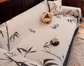 Floral Chenille Couch Cover, Leaf Style Boho Sofa Throw Blanket