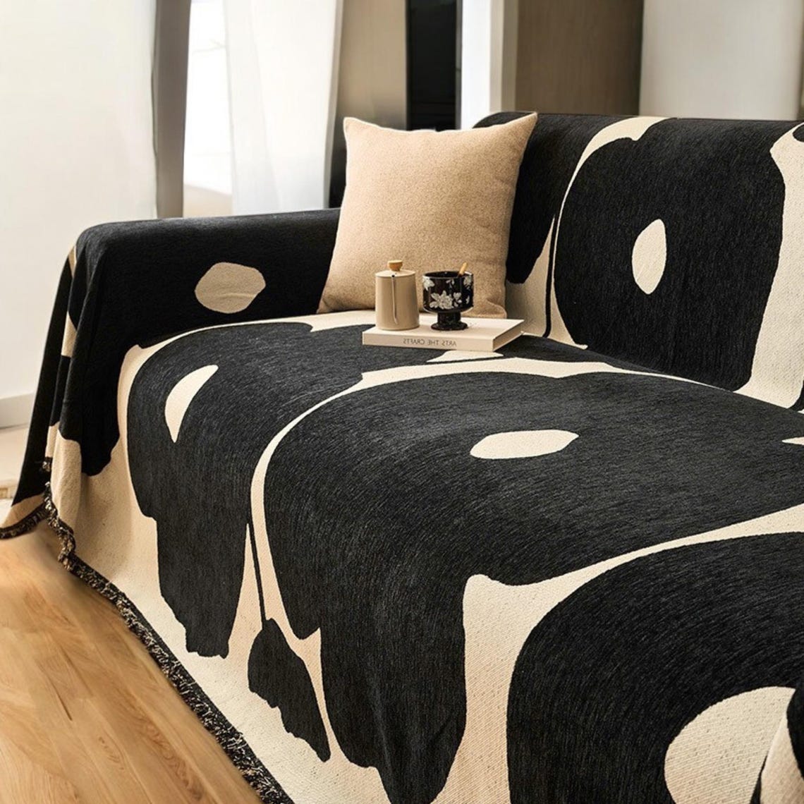 Solid Color Chenille Sofa Throw Blanket, Modern Decor Soft Couch Cover with Fringes main image 0