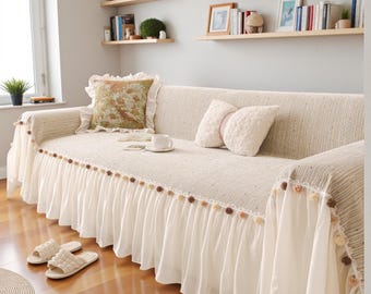 Soft Chenille Couch Cover/Skirted Couch Slipcover/Cotton Sofa Cover/Living Room Sofa Cover/Home Decor/Couch Through Blanket/Gift For Her