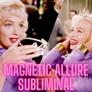 May include: A split image of a woman wearing a purple dress and a crown, with the text "MAGNETIC ALLURE SUBLIMINAL" in pink letters.