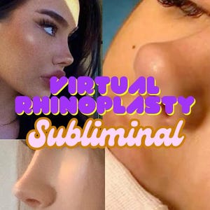Könnte beinhalten: Vorher-Nachher-Bilder einer virtuellen Nasenkorrektur. Der Text "VIRTUAL RHINOPLASTY Subliminal" ist über das Bild gelegt.