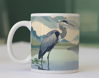 Taza de café con garza azul