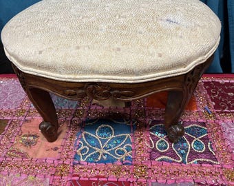 Antique French Louis XV Style Ottoman- Cabriolet Legs Scroll W Floral Motifs