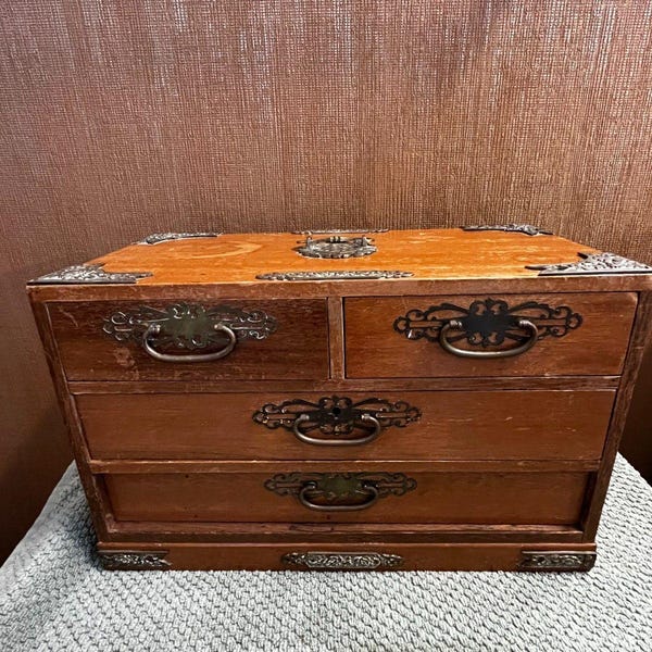 Vintage Asian Mahogany Brass Mounted 4 Drawer Jewelry Box Japan