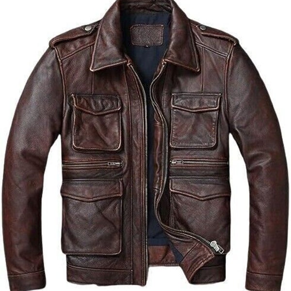 Men's Distressed Brown Leather Jacket Biker Vintage Cafe Racer Waxed Jacket