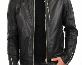 Men's Black Leather Jacket Biker Motorcycle Genuine Lambskin Leather Jacket