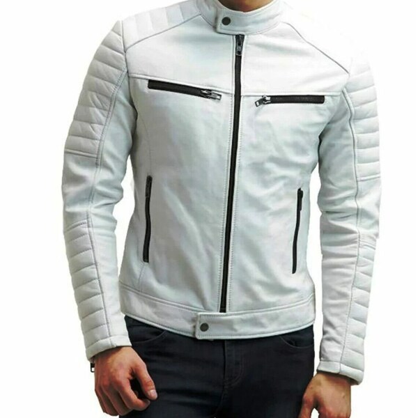 Men's White Slim Fit Biker Jacket Real Lambskin Fashion white jacket XS TO 3XL