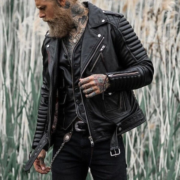 Men's Slim Fit Leather Jacket Biker Style Real Lambskin Quilted Leather Jacket