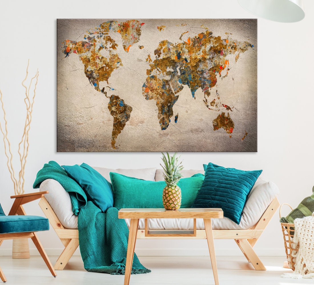 Vintage Textured World Map Canvas Wall Art Print Extra Large Multi ...