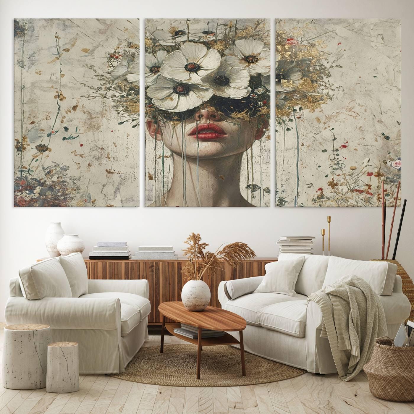 Golden Petal Silhouette Woman Canvas Print Floral Woman Portrait Wall ...
