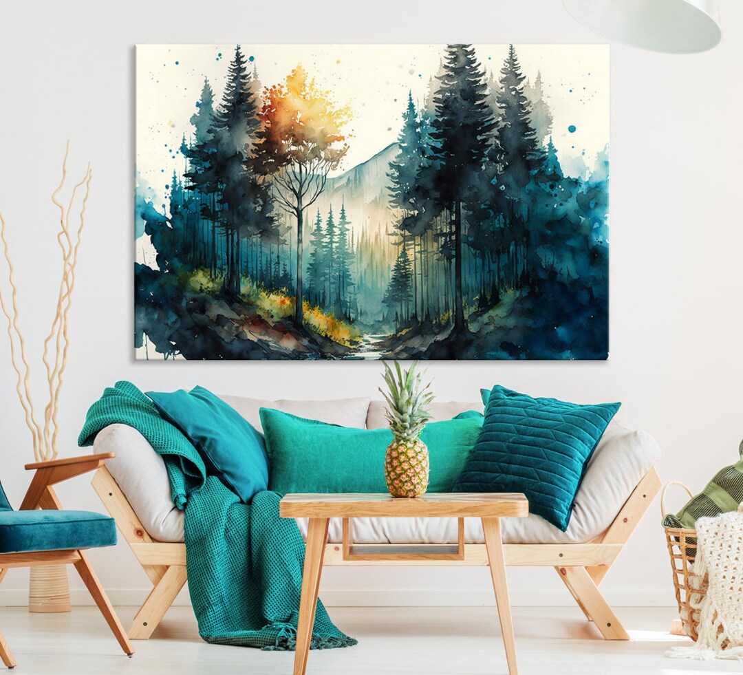 Misty Forest Painting Wall Art Canvas Print Foggy Mountain Landscape ...