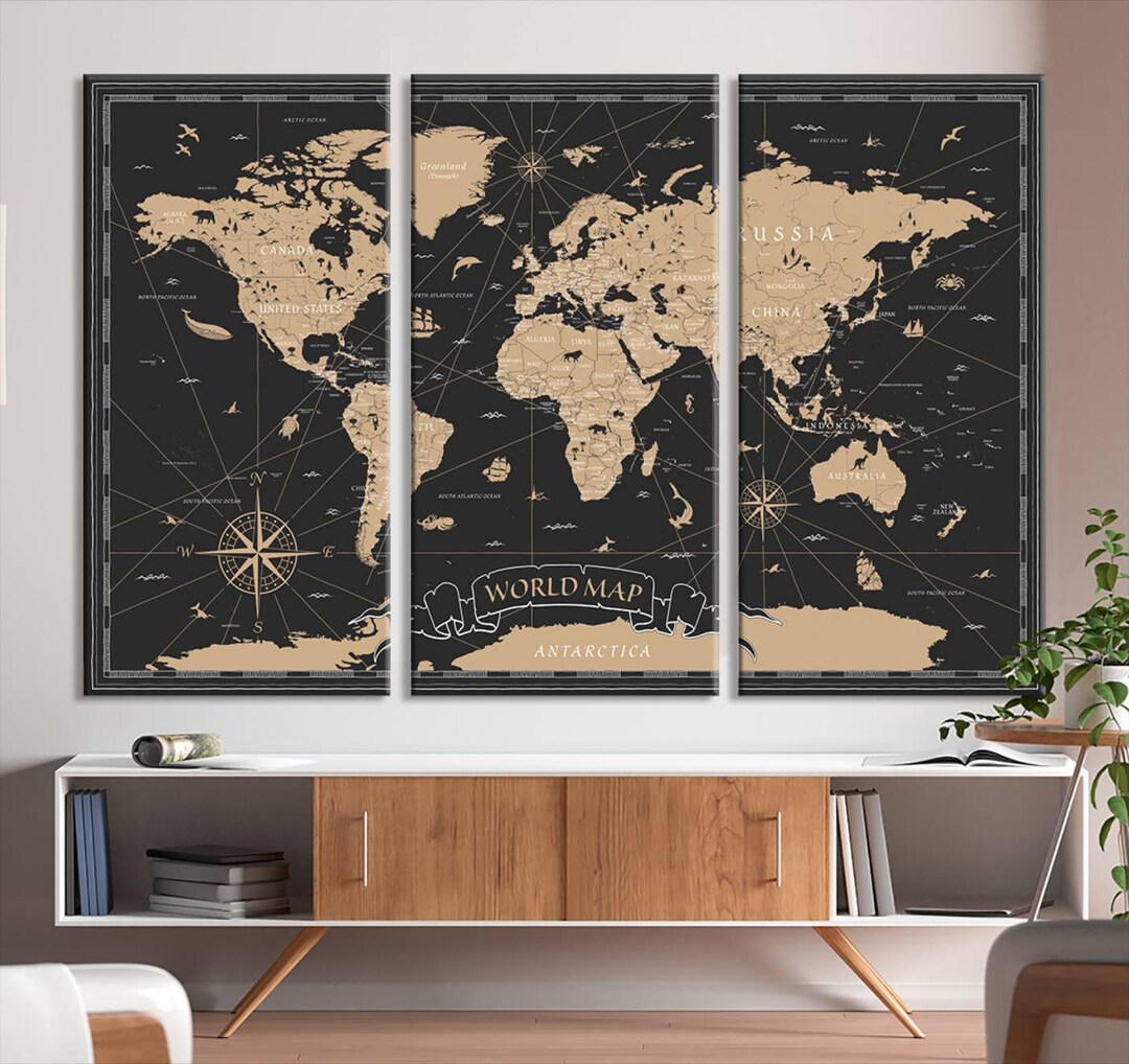 Vintage Detailed World Map Canvas Wall Art Print, Extra Large Multi ...