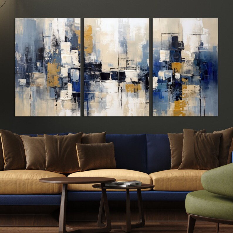 Navy Blue Abstract Painting Wall Art Canvas Print Modern Multi Panel ...