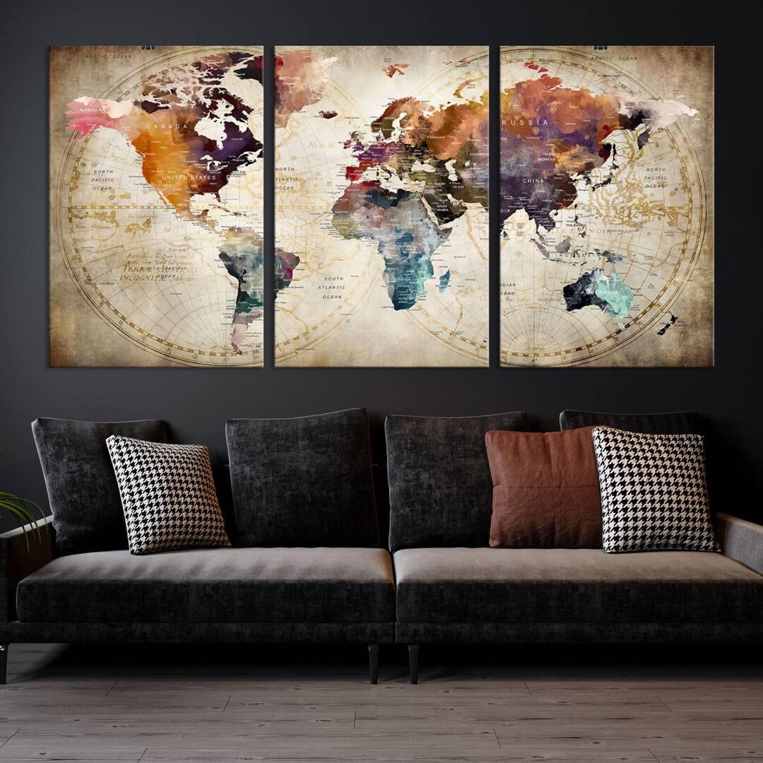 Colorful Watercolor World Map Canvas Print Vintage Push Pin Travel Map ...