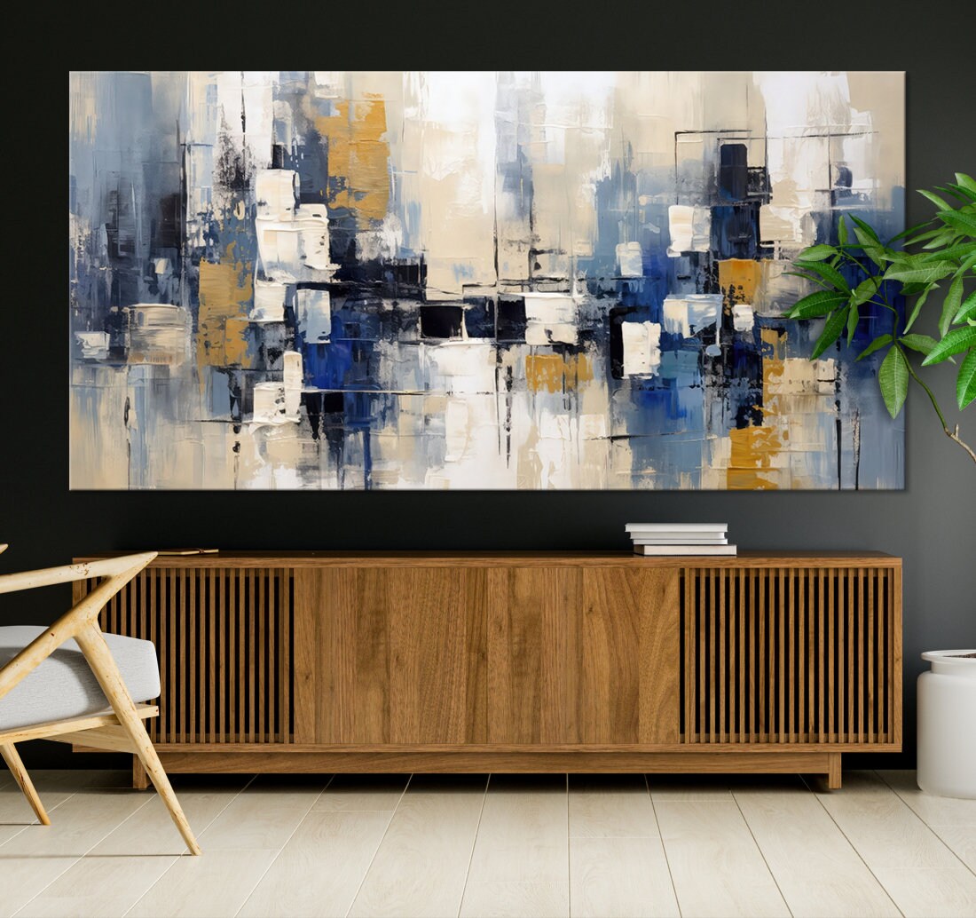 Navy Blue Abstract Painting Wall Art Canvas Print Modern Multi Panel ...