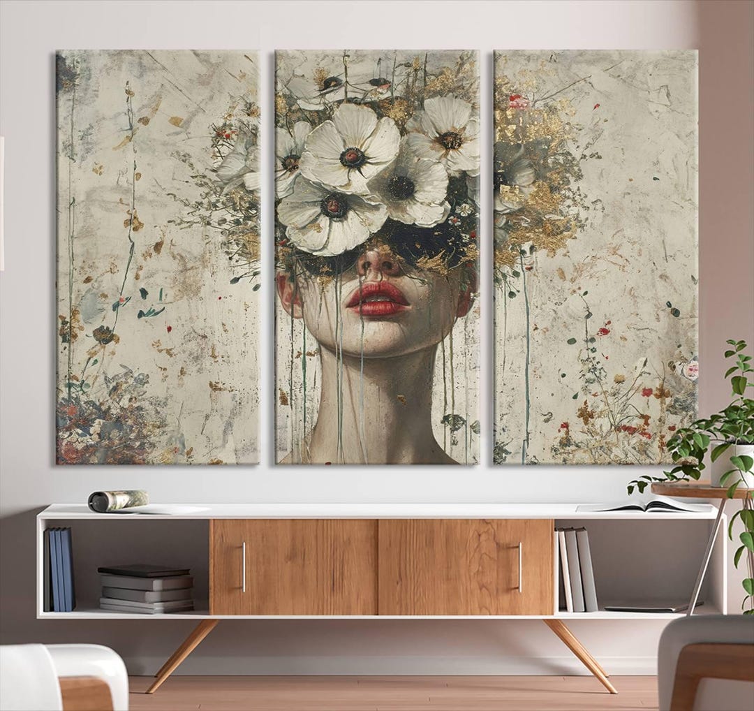 Golden Petal Silhouette Woman Canvas Print Floral Woman Portrait Wall ...