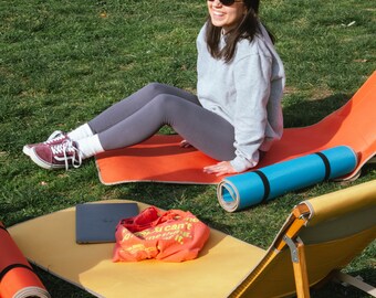 Orange Foldable Tilt Adjustable Wooden Sunbed, Light Folding Lounger, Foldable Beach Chair with Yoga and Pilates Mat