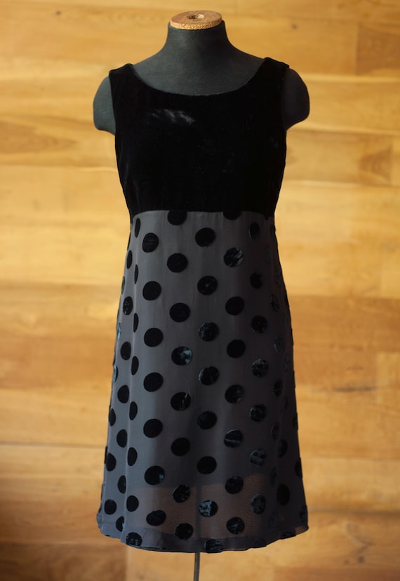 Vintage black silk velor polka dot dress women marilyn anselm hobbs, size s,m