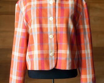 Giacca corta vintage Laura Ashley a quadri arancioni in misto cotone e lino, taglia XL