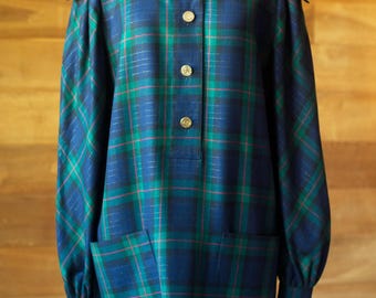 Blauwgroene wollen vintage tuniek Akris, maat L, XL