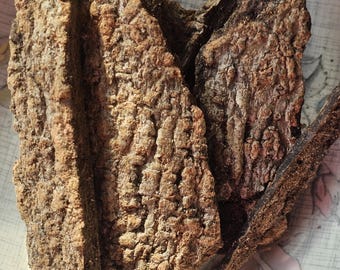 May include: Close-up of several pieces of dried bark, with a rough, textured surface and a brown color.