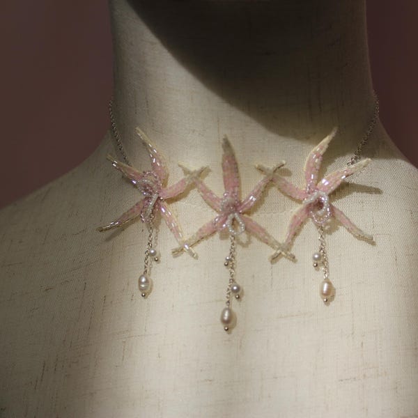 Hand Embroidered Peach Orchid Necklace, Baroque Pearl Floral Jewelry