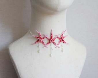 Hand embroidered red pink triple orchid flower necklace