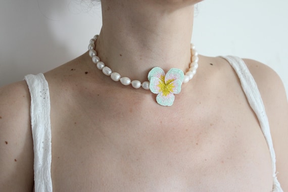 Pansy viola flower statement pearl choker necklace