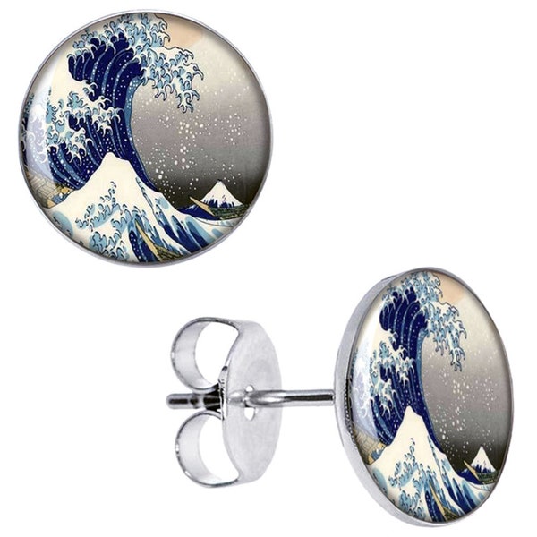 Boucles d'Oreilles Grande Vague Kanagawa et Mont Fuji Acier Inoxydable 10mm