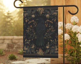 Raven Tapestry Home and Garden Flag, Medieval Blackbird Porch Banner, Castle Decor House Flag, Crow Garden Flag, Cottagecore Wildflowers