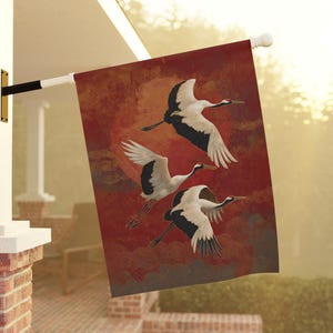 Red Crowned Cranes Home and Garden Flag, Flying Herons Porch Banner, Sunset Garden Flag, Birds in Flight House Flag, Bird Watcher Porch Flag