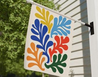 Bandeira com estampa de folhas coloridas, bandeira moderna para varanda com motivos botânicos, bandeira boho para casa, bandeira de jardim com folhas multicoloridas, bandeira decorativa para exterior.